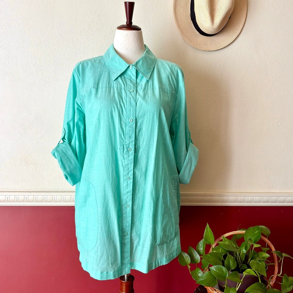 Joan Rivers Aqua Green 100% Cotton Button Down Tunic Blouse 1X Roll Tab Pockets